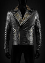 Load image into Gallery viewer, Golden Silver Studded Mens Black Cowhide Leather Jacket - Shearling leather