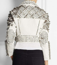 Load image into Gallery viewer, Woman Full White Punk Brando Spiked Studded Leather Jacket - Shearling leather