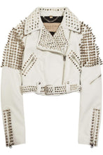 Load image into Gallery viewer, Woman Full White Punk Brando Spiked Studded Leather Jacket - Shearling leather