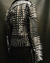 Load image into Gallery viewer, Woman Full Black Rock Punk Silver Long Spiked Studded Leather Brando Jacket - Shearling leather