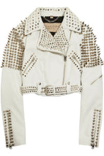 Load image into Gallery viewer, New Woman Full White Punk Brando Spiked Studded Leather Jacket - Shearling leather
