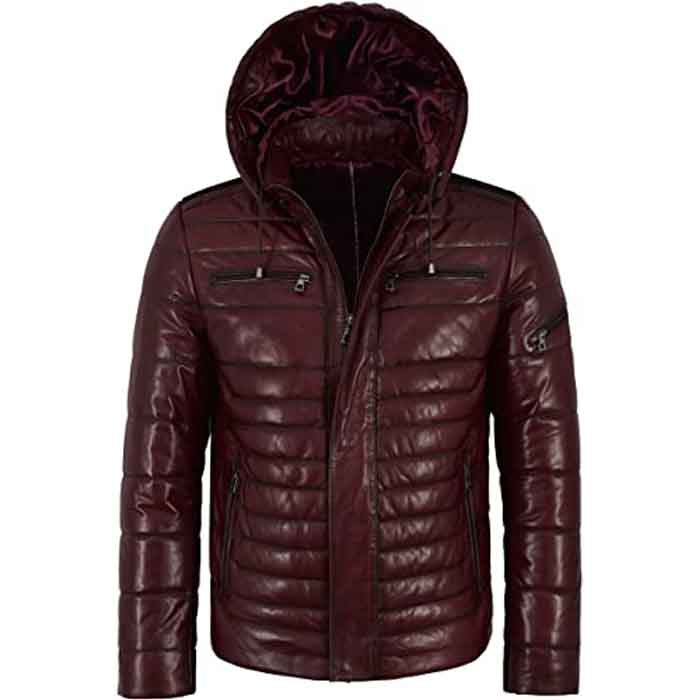 Men's Puffer Hooded Quilted Lambskin Leather Jacket