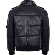 Load image into Gallery viewer, Men’s Black Hair On Collar Puffer Bomber 100% Real Leather Jacket - Shearling leather