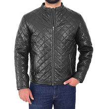 Load image into Gallery viewer, Men’s Leather Puffer Jacket Black Padded Zip Fasten Stand-up Collar - Shearling leather