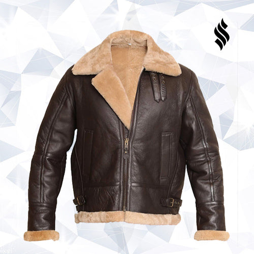 RAF Aviator Bomber Real Shearling Real Sheepskin Brown Leather Jacket - Shearling leather