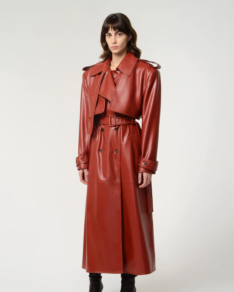 Red Lambskin Leather Trench Coat Women Trench Coat