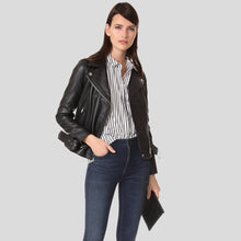Load image into Gallery viewer, Sandra Black Biker Leather Jacket - Shearling leather