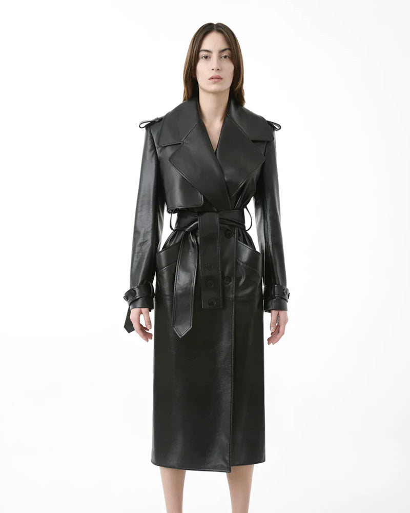 Sheepskin Leather Fitted Trench Coat - Duster Coat - Sheepskin Coat