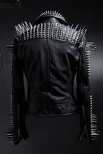 Load image into Gallery viewer, Studded Leather Jacket Women Handmade Full Black Punk Silver Long Spiked - Shearling leather