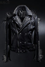 Load image into Gallery viewer, Studded Leather Jacket Women Handmade Full Black Punk Silver Long Spiked - Shearling leather