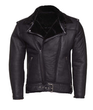 Load image into Gallery viewer, Black on Black Shearling Biker Jacket - Shearling leather