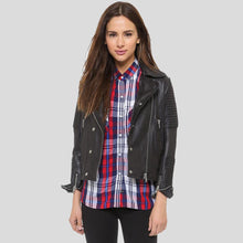 Load image into Gallery viewer, Sylvie Black Motorcycle Quilted Leather Jacket - Shearling leather