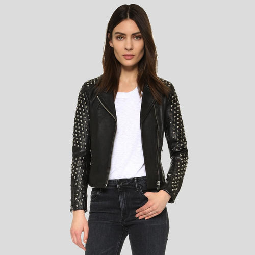 Taliyah Black Studded Leather Jacket - Shearling leather