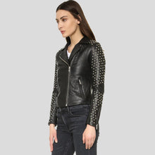 Load image into Gallery viewer, Taliyah Black Studded Leather Jacket - Shearling leather