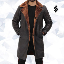 Load image into Gallery viewer, Turlock Dark Brown Shearling Leather Trench Coat Mens - Shearling leather