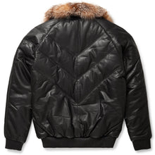 Load image into Gallery viewer, V-Bomber Jacket Black Leather w/ Crystal Fox Fur - Shearling leather