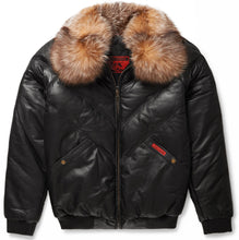 Load image into Gallery viewer, V-Bomber Jacket Black Leather w/ Crystal Fox Fur - Shearling leather