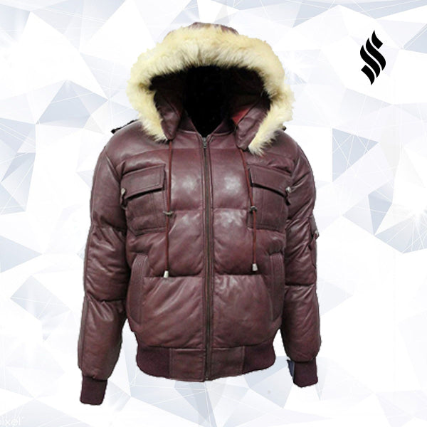 Winter Warm Pilot Puffer Men's Hooded Bomber Real Lambskin Leather J