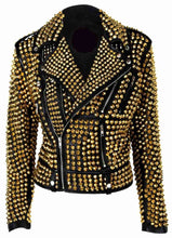Load image into Gallery viewer, Woman Luxury Black Punk Golden Studded Cowhide Brando Leather Jacket - Shearling leather