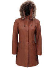 Load image into Gallery viewer, Womens 3/4 Length Brown Leather Coat With Removable Fur Hood