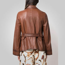 Load image into Gallery viewer, Women Goatskin Belted Brown Leather Jacket