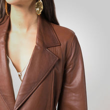 Load image into Gallery viewer, Women Goatskin Belted Brown Leather Jacket