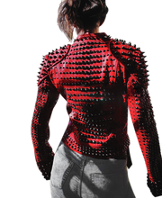 Load image into Gallery viewer, Women Motorcycle Punk Heavy Metal Spiked Tonal Black Studded Red Leather Jacke - Shearling leather