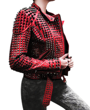 Load image into Gallery viewer, Women Motorcycle Punk Heavy Metal Spiked Tonal Black Studded Red Leather Jacke - Shearling leather