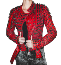 Load image into Gallery viewer, Women Motorcycle Punk Heavy Metal Spiked Tonal Black Studded Red Leather Jacke - Shearling leather