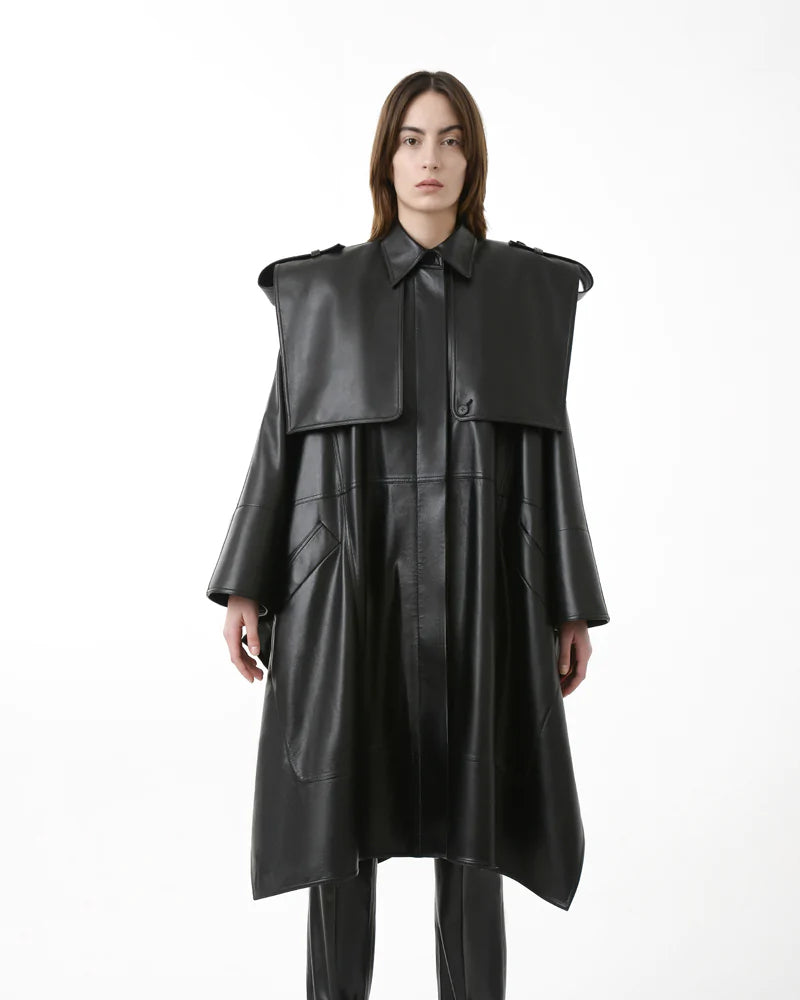 Women Oversized Cape Leather Trench Coat women's leather trench coat