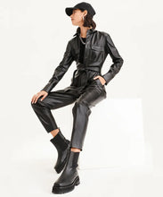 Load image into Gallery viewer, Women's Black Sheepskin Leather Dress Jumpsuit