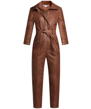 Load image into Gallery viewer, Women's Brown Utility Belted Leather jumpsuit