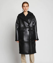 Load image into Gallery viewer, Women's Black Duster Sherpa Leather Trench Shearling Coat