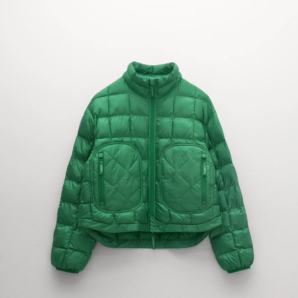 Women's Green Down Puffer Jacket - Shearling Leather