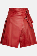 Load image into Gallery viewer, Women's Red Leather Buckle Kilt Skirt