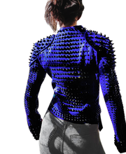 Load image into Gallery viewer, Women blue studded leather jacket,Stylish Jacket - Shearling leather