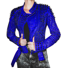 Load image into Gallery viewer, Women blue studded leather jacket,Stylish Jacket - Shearling leather