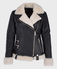 Load image into Gallery viewer, Womens Black Motorcycle Shearling Leather Jacket