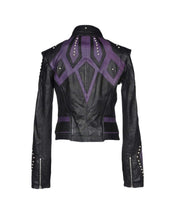 Load image into Gallery viewer, Women's Burnished Two Tone Black Purple Leather Silver Small Studs Jacket - Shearling leather