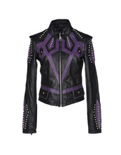 Load image into Gallery viewer, Women's Burnished Two Tone Black Purple Leather Silver Small Studs Jacket - Shearling leather