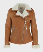 Load image into Gallery viewer, Womens Tan Brown Shearling Leather Jacket