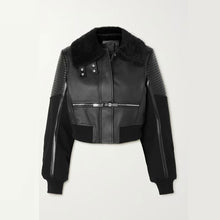Load image into Gallery viewer, Women Black Shearling-trimmed textured-leather bomber jacket