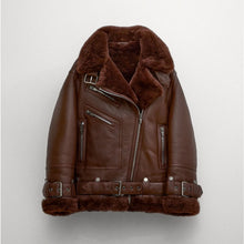 Load image into Gallery viewer, Women Brown Aviator Styled Sheepskin Shearling Leather Jacket