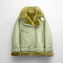 Load image into Gallery viewer, Women Light Green Aviator Styled Sheepskin Shearling Leather Jacket