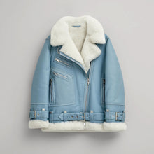Load image into Gallery viewer, Women Light Blue B3 RAF Aviator Styled Sheepskin Shearling Leather Jacket
