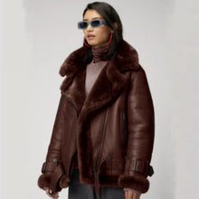 Load image into Gallery viewer, Women Brown Aviator Styled Sheepskin Shearling Leather Jacket