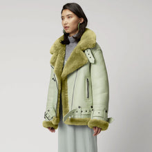 Load image into Gallery viewer, Women Light Green Aviator Styled Sheepskin Shearling Leather Jacket