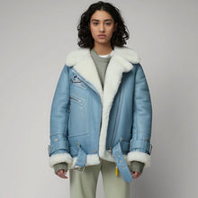 Load image into Gallery viewer, Women Light Blue B3 RAF Aviator Styled Sheepskin Shearling Leather Jacket