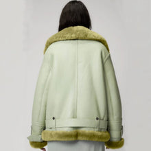 Load image into Gallery viewer, Women Light Green Aviator Styled Sheepskin Shearling Leather Jacket