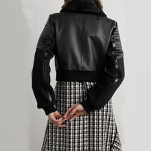 Load image into Gallery viewer, Women Black Shearling-trimmed textured-leather bomber jacket